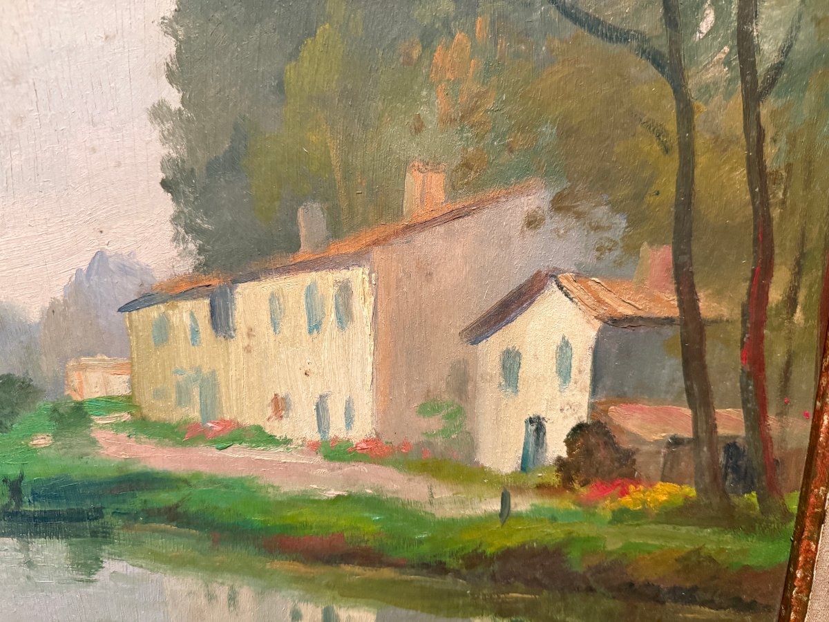 Louis Suire: Large Painting Of Houses Along The River In The Poitevin Marshes In Coulon-photo-2