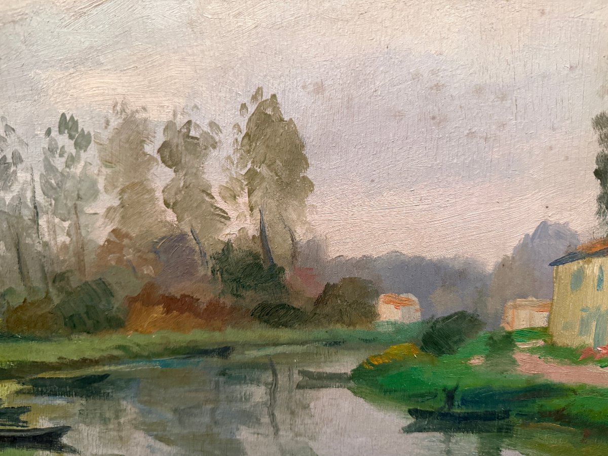 Louis Suire: Large Painting Of Houses Along The River In The Poitevin Marshes In Coulon-photo-3