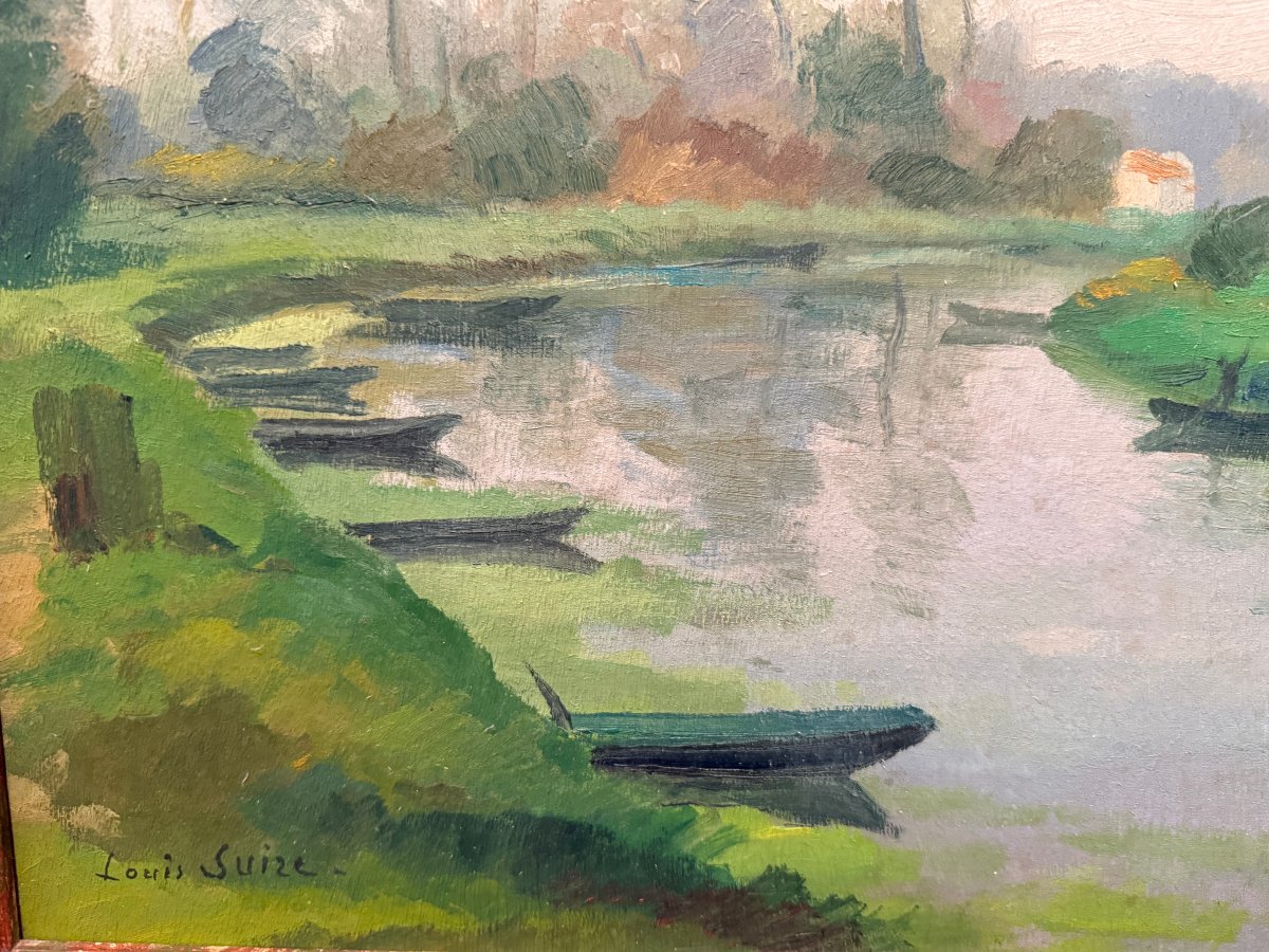 Louis Suire: Large Painting Of Houses Along The River In The Poitevin Marshes In Coulon-photo-4