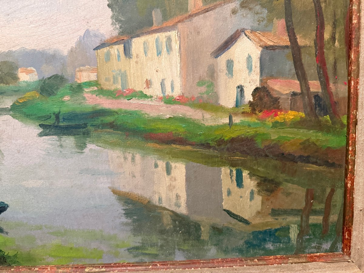 Louis Suire: Large Painting Of Houses Along The River In The Poitevin Marshes In Coulon-photo-5