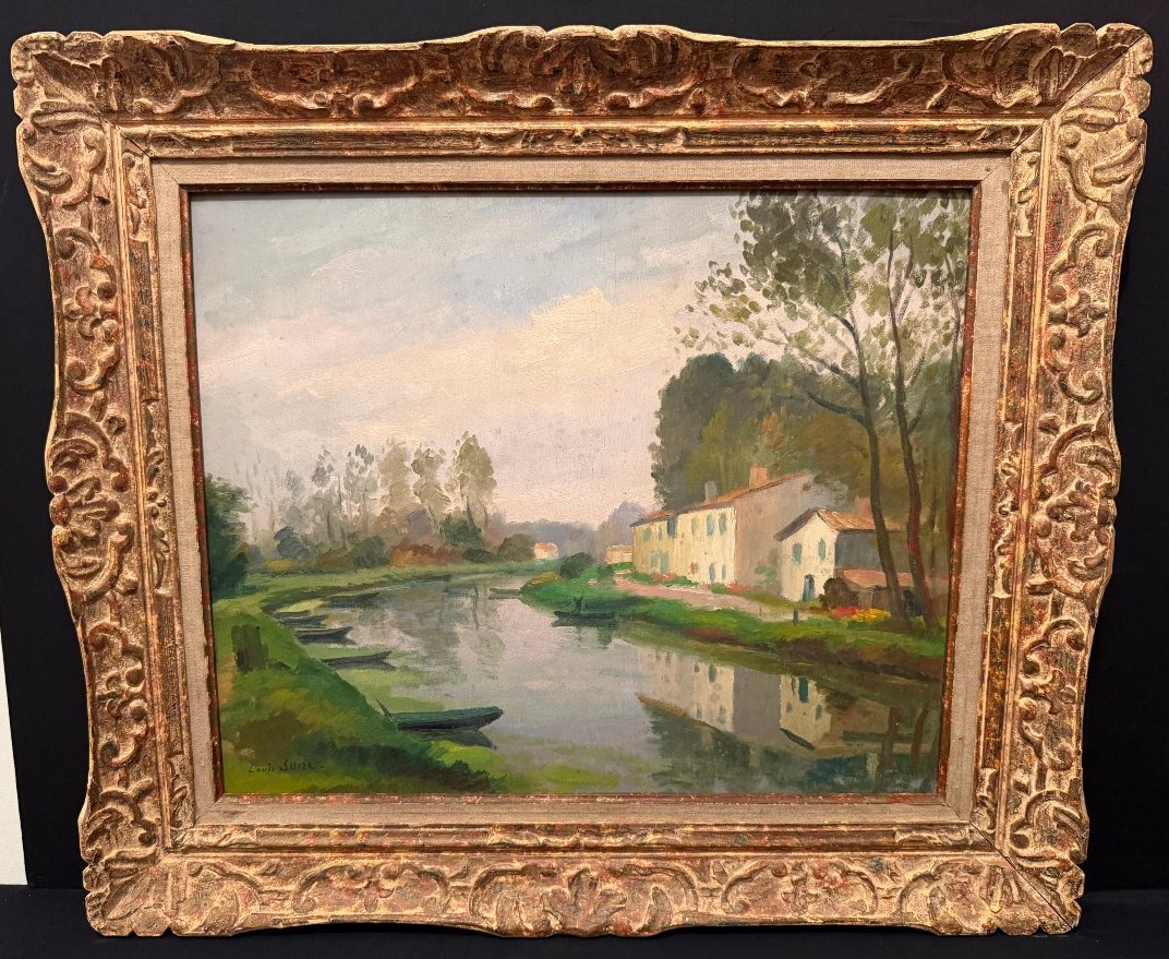 Louis Suire: Large Painting Of Houses Along The River In The Poitevin Marshes In Coulon