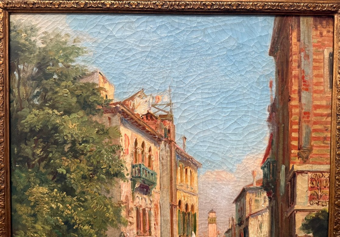 Large Painting Of A Gondola On A Canal In Venice In The Late 19th Century-photo-3