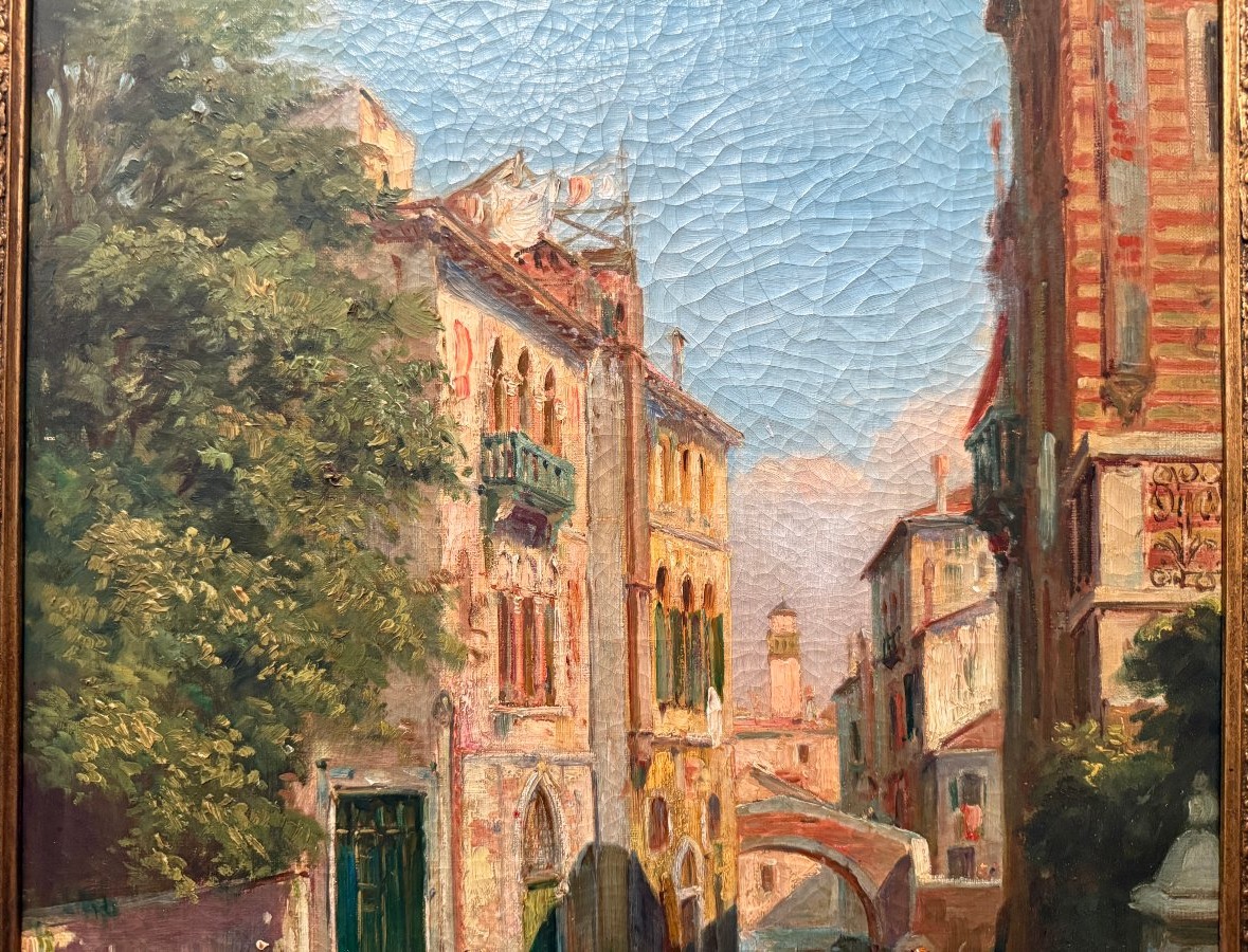 Large Painting Of A Gondola On A Canal In Venice In The Late 19th Century-photo-4