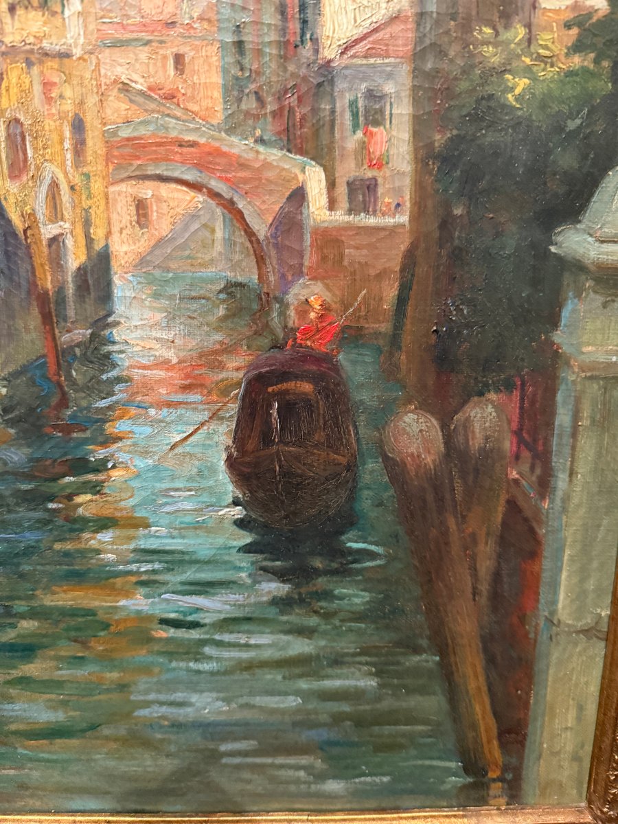 Large Painting Of A Gondola On A Canal In Venice In The Late 19th Century-photo-3