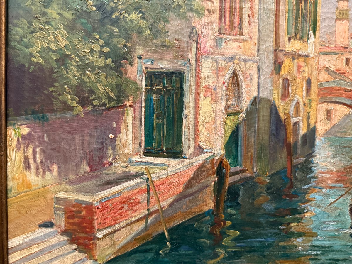 Large Painting Of A Gondola On A Canal In Venice In The Late 19th Century-photo-4