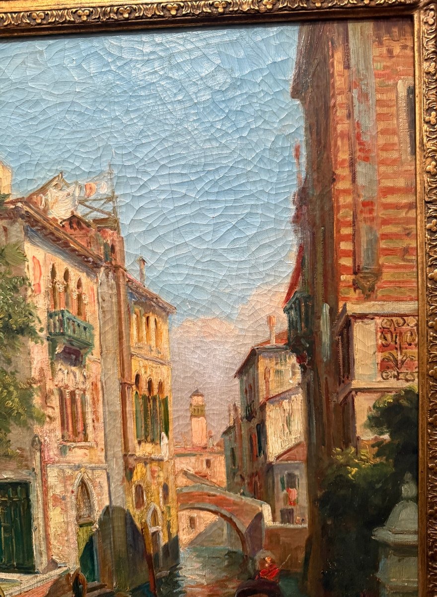 Large Painting Of A Gondola On A Canal In Venice In The Late 19th Century-photo-7