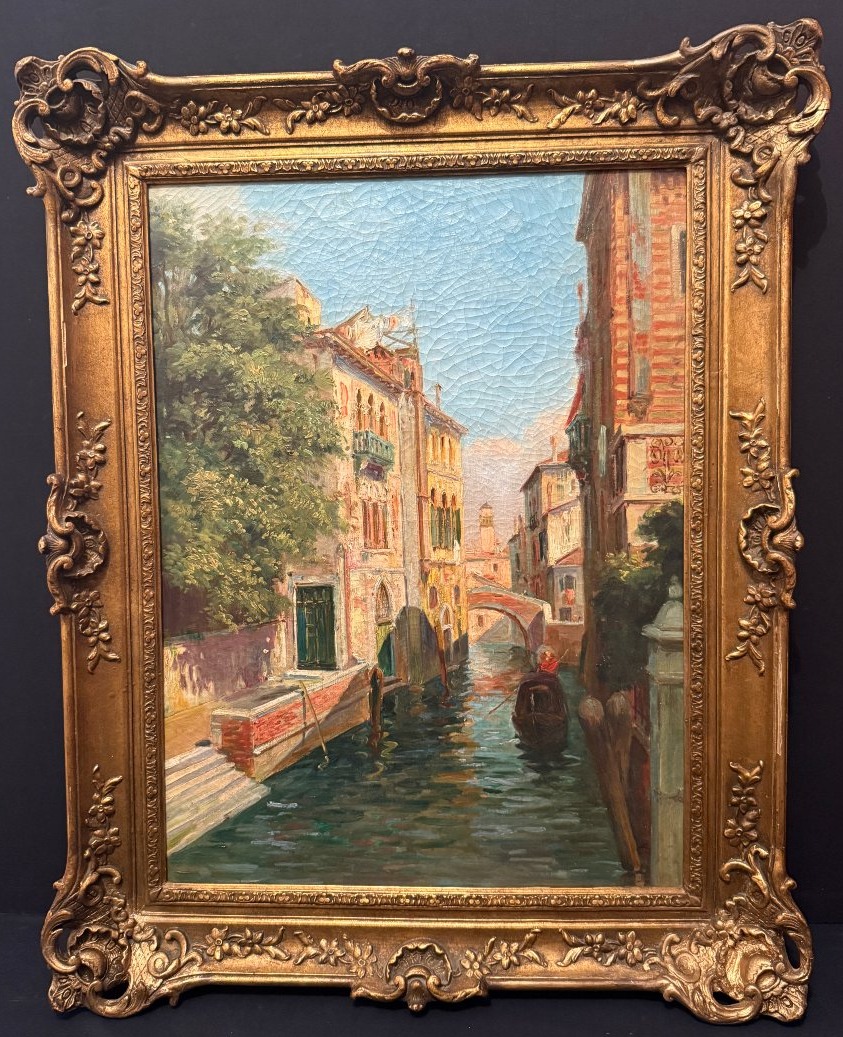 Large Painting Of A Gondola On A Canal In Venice In The Late 19th Century