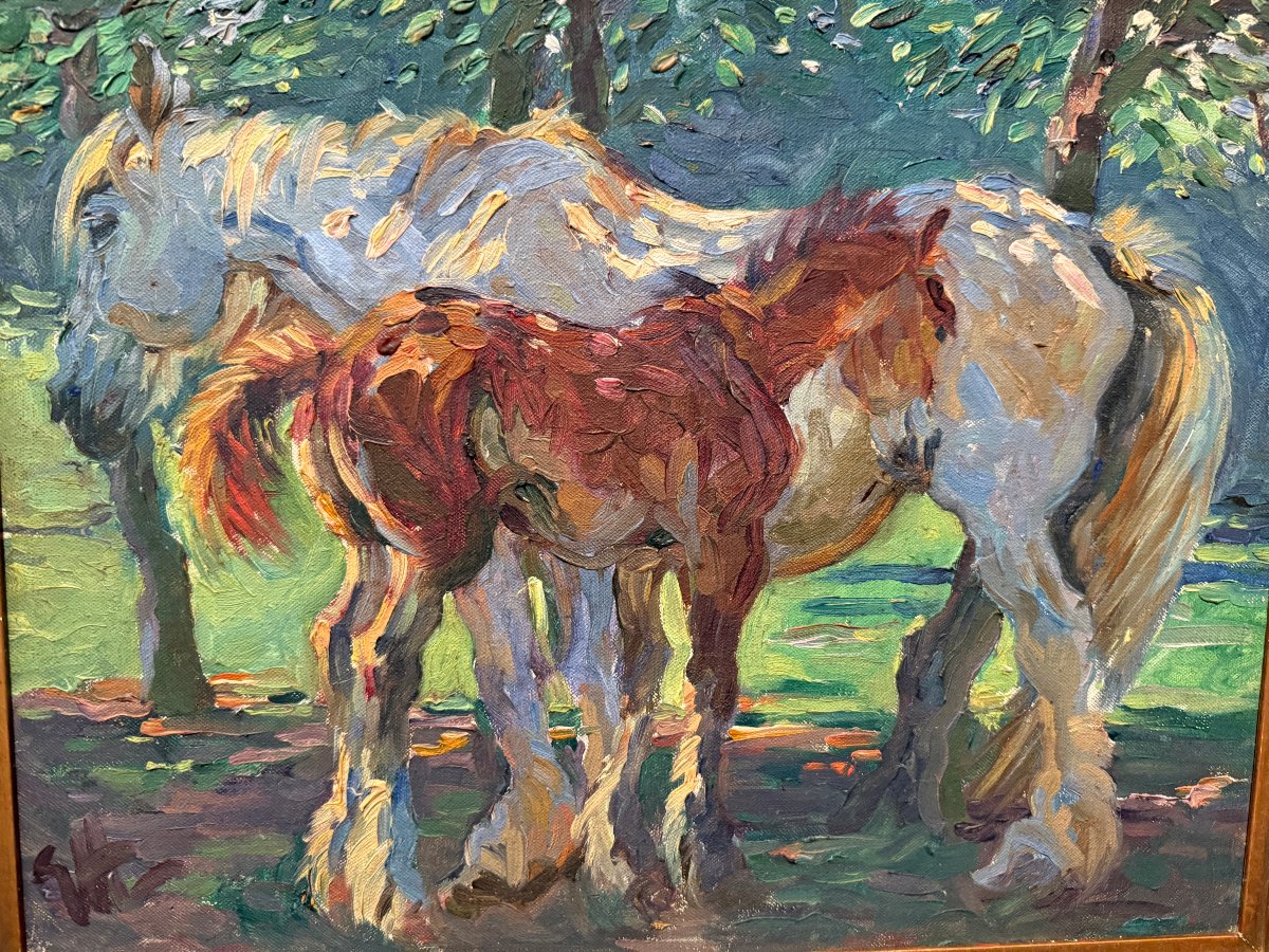 Painting Of A Mare And Her Foal By The English Painter Gilbert Joseph Holiday-photo-3