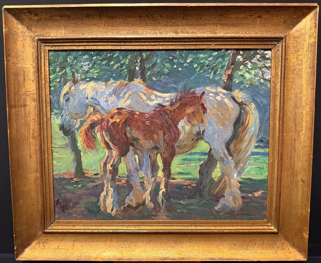 Painting Of A Mare And Her Foal By The English Painter Gilbert Joseph Holiday