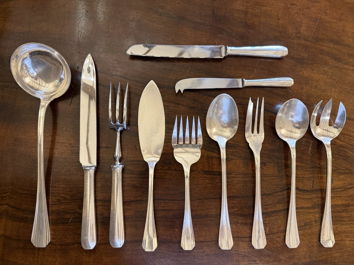 Christofle 18-person Dinner Set, Art Deco Design By Luc Lanel, "boréal" Model, 191 Pieces-photo-4