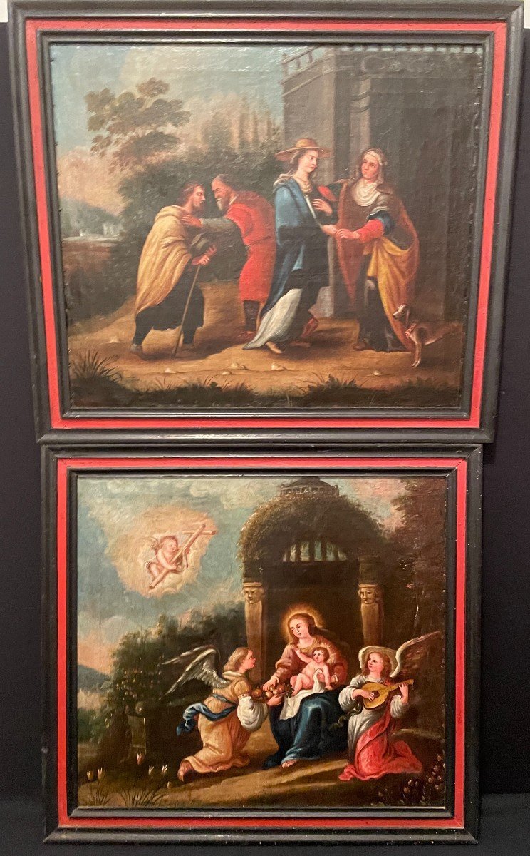 École italienne paire de tableaux  religieux scènes de la vie de la Vierge  XVIIIème siècle