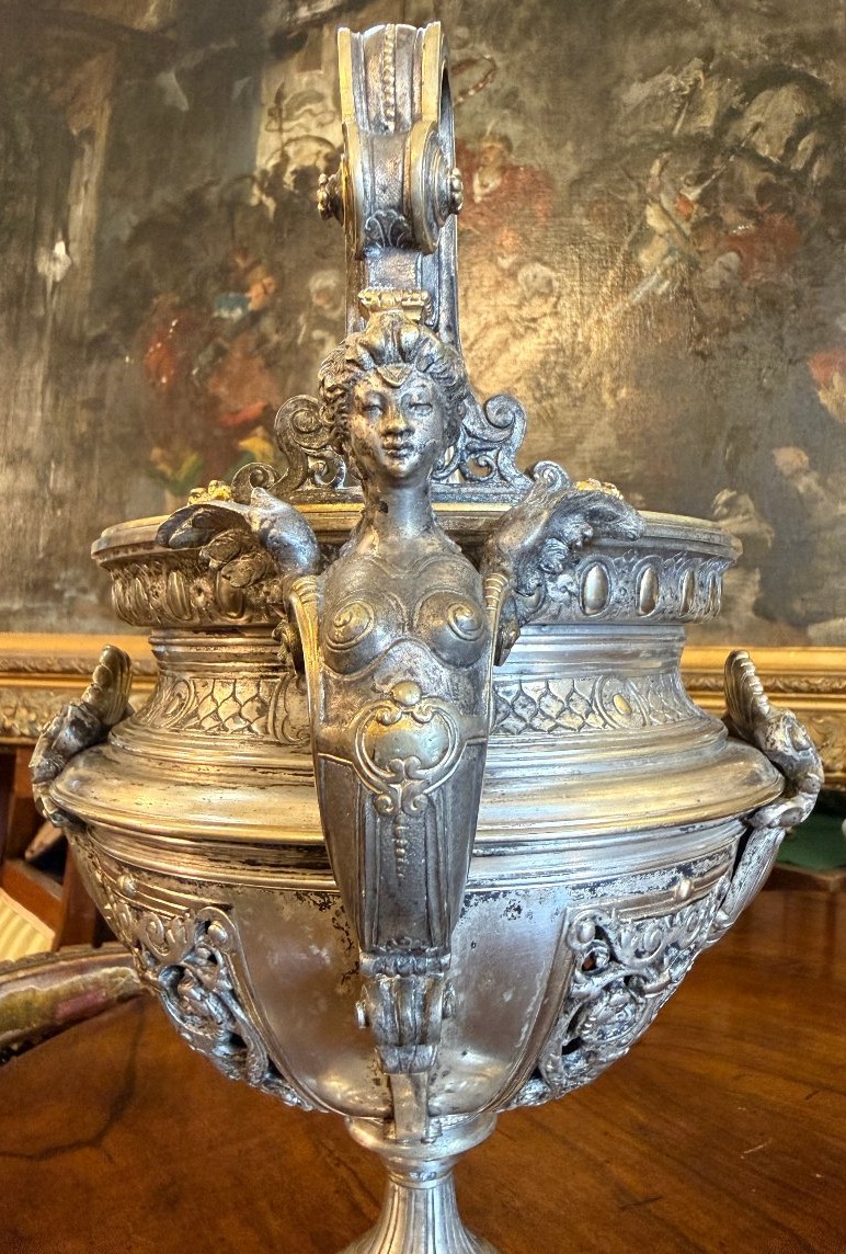 Coupe surtout de table bronze argenté et doré style renaissance époque Napoléon III vers 1850-photo-4