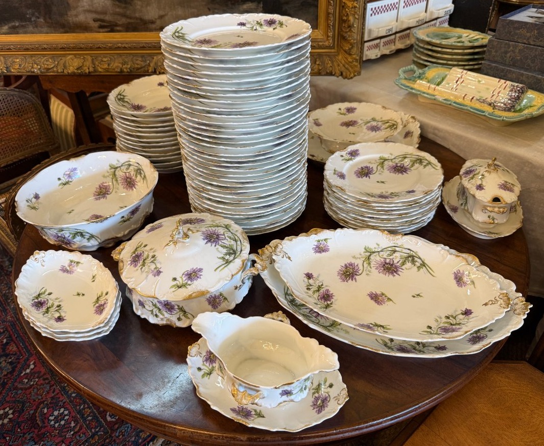 Art Nouveau Tableware Set With Mauve Chrysanthemum Design, Limoges Porcelain, 65-piece Set