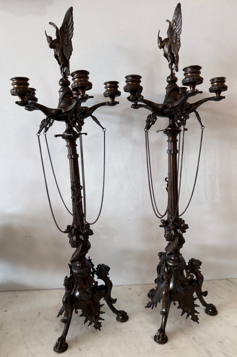 Important Pair Of Candelabras Signed "f. Barbedienne" After Barye, 78 Cm-photo-2