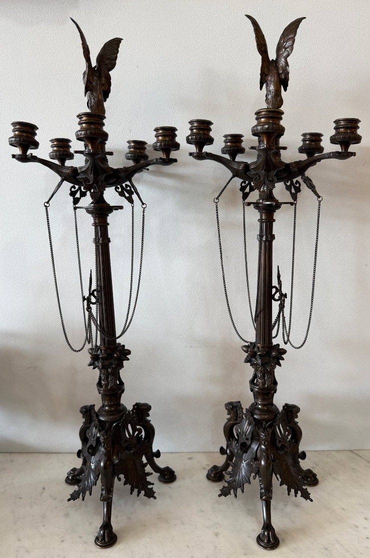 Important Pair Of Candelabras Signed "f. Barbedienne" After Barye, 78 Cm-photo-3
