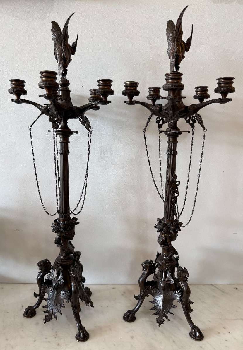 Important Pair Of Candelabras Signed "f. Barbedienne" After Barye, 78 Cm-photo-4