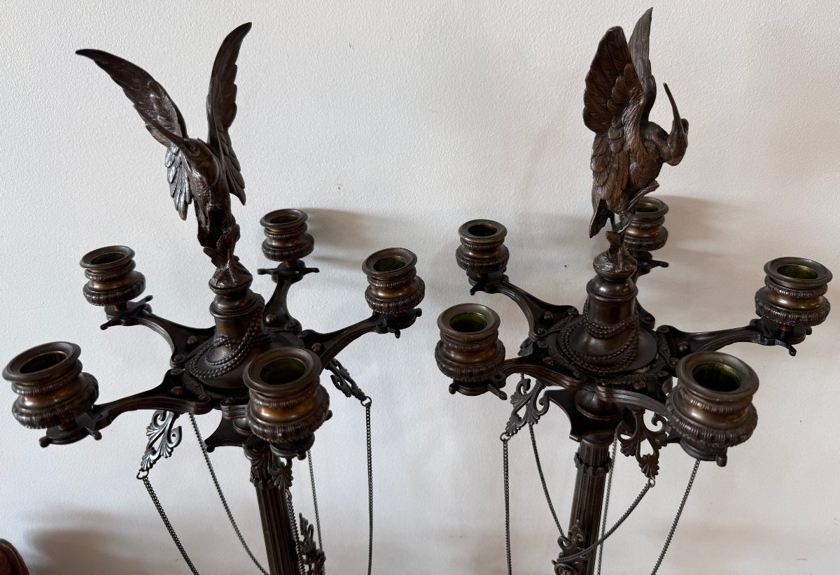Important Pair Of Candelabras Signed "f. Barbedienne" After Barye, 78 Cm-photo-1