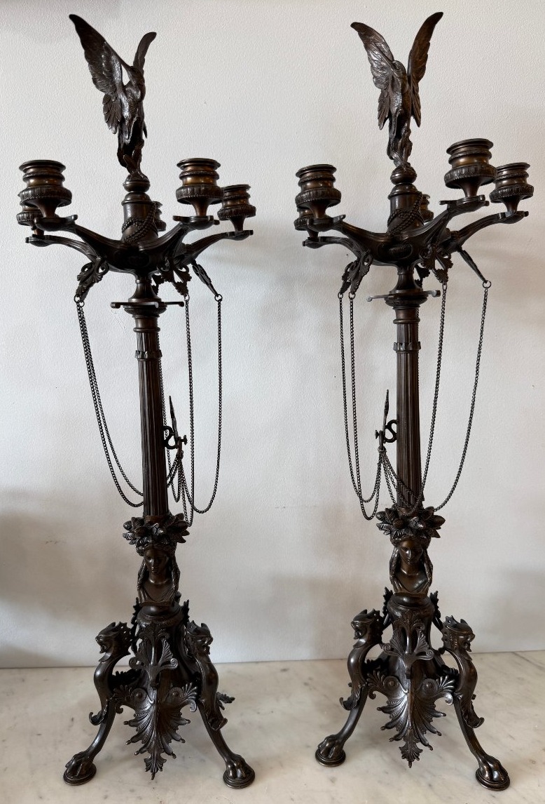 Important Pair Of Candelabras Signed "f. Barbedienne" After Barye, 78 Cm