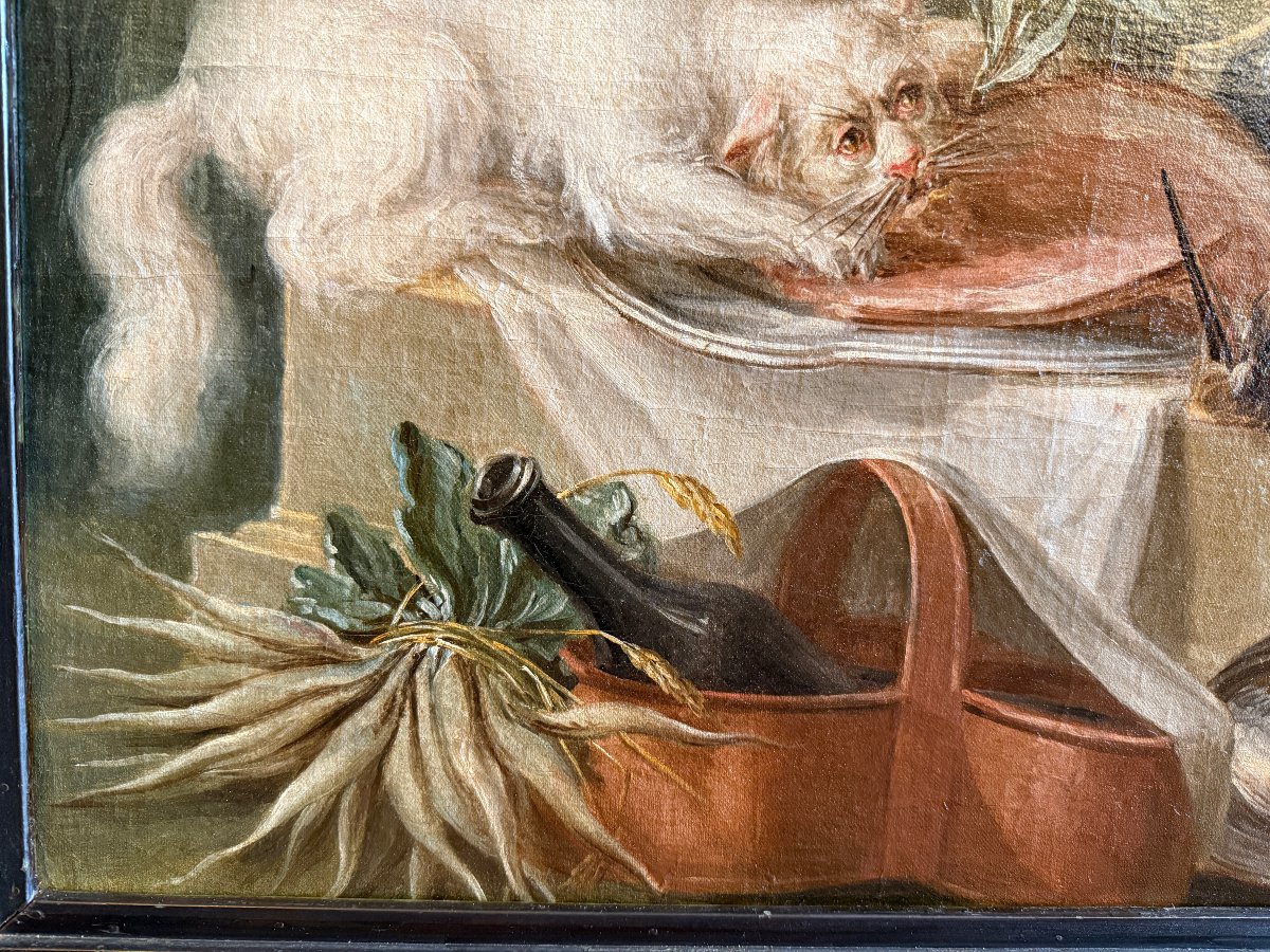 Grande nature morte au buffet un chat dévorant le  jambon école française du XVIIIème siècle-photo-4