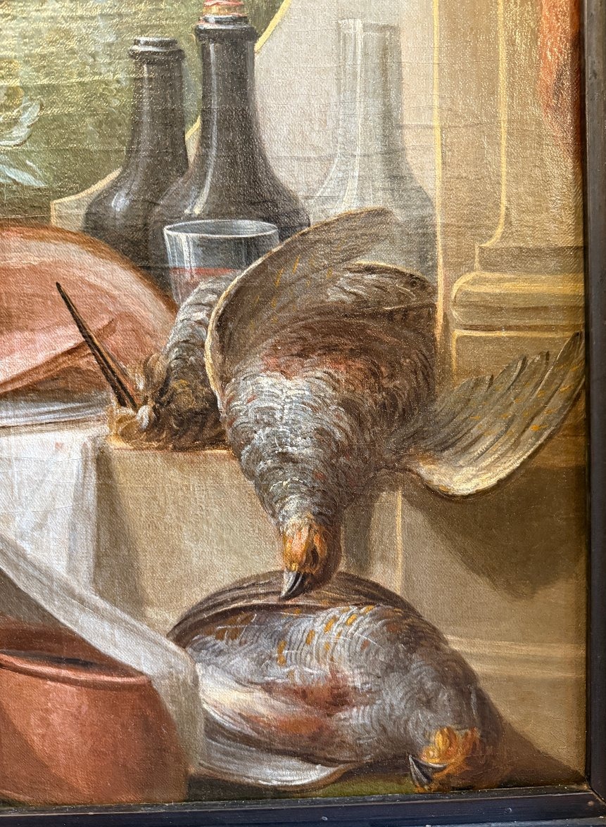 Grande nature morte au buffet un chat dévorant le  jambon école française du XVIIIème siècle-photo-1