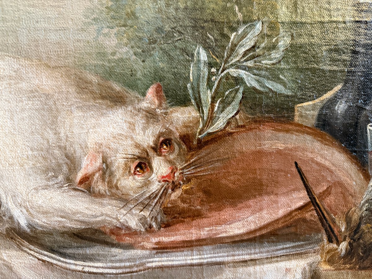 Grande nature morte au buffet un chat dévorant le  jambon école française du XVIIIème siècle-photo-6