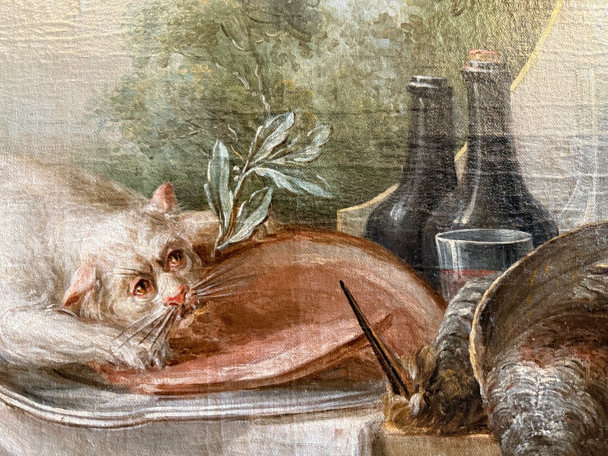 Grande nature morte au buffet un chat dévorant le  jambon école française du XVIIIème siècle-photo-7