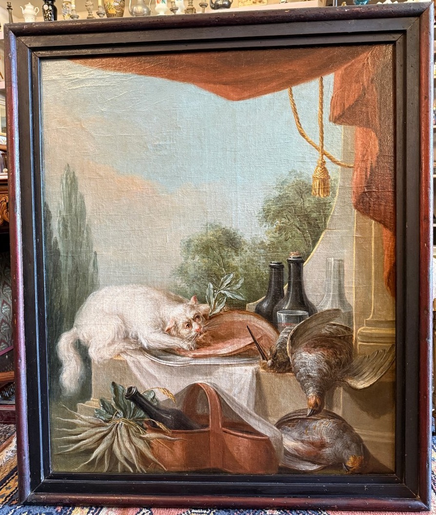 Grande nature morte au buffet un chat dévorant le  jambon école française du XVIIIème siècle