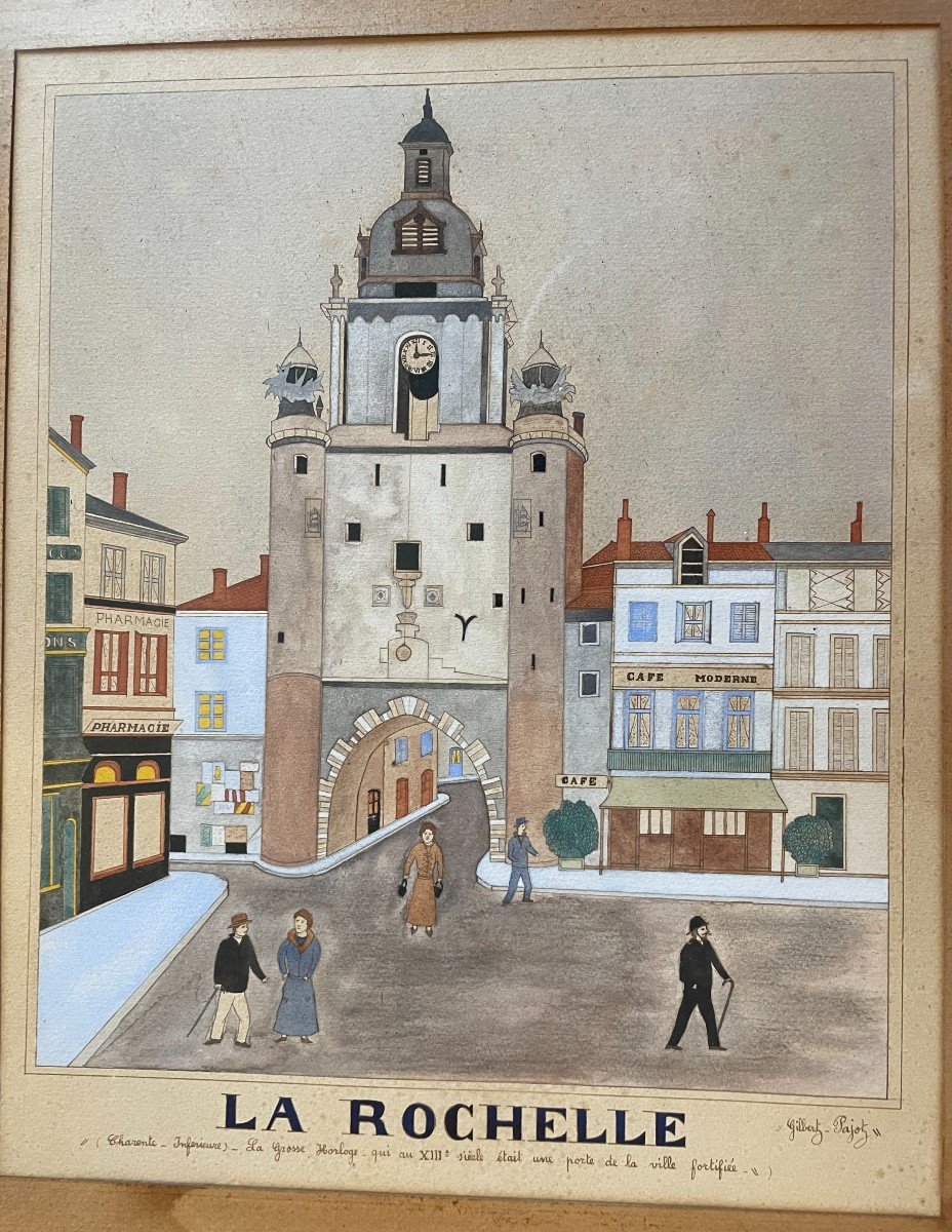 Aquarelle la Grosse Horloge à La Rochelle par Gilbert Pajot XXème-photo-2