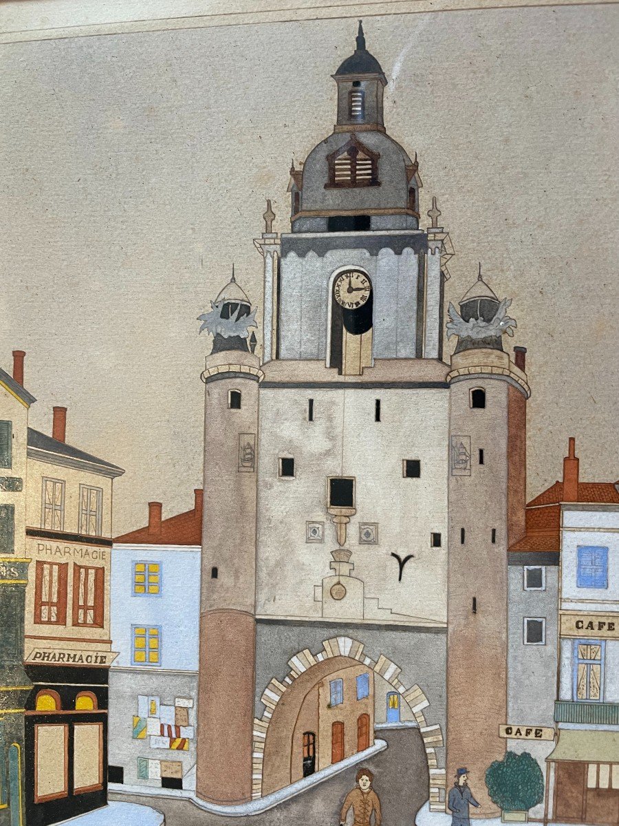 Aquarelle la Grosse Horloge à La Rochelle par Gilbert Pajot XXème-photo-3