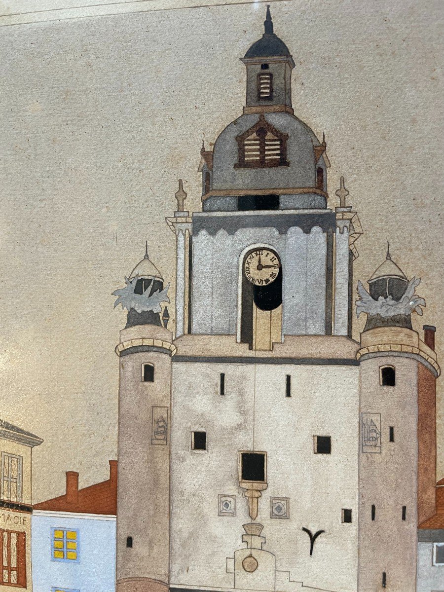Aquarelle la Grosse Horloge à La Rochelle par Gilbert Pajot XXème-photo-2