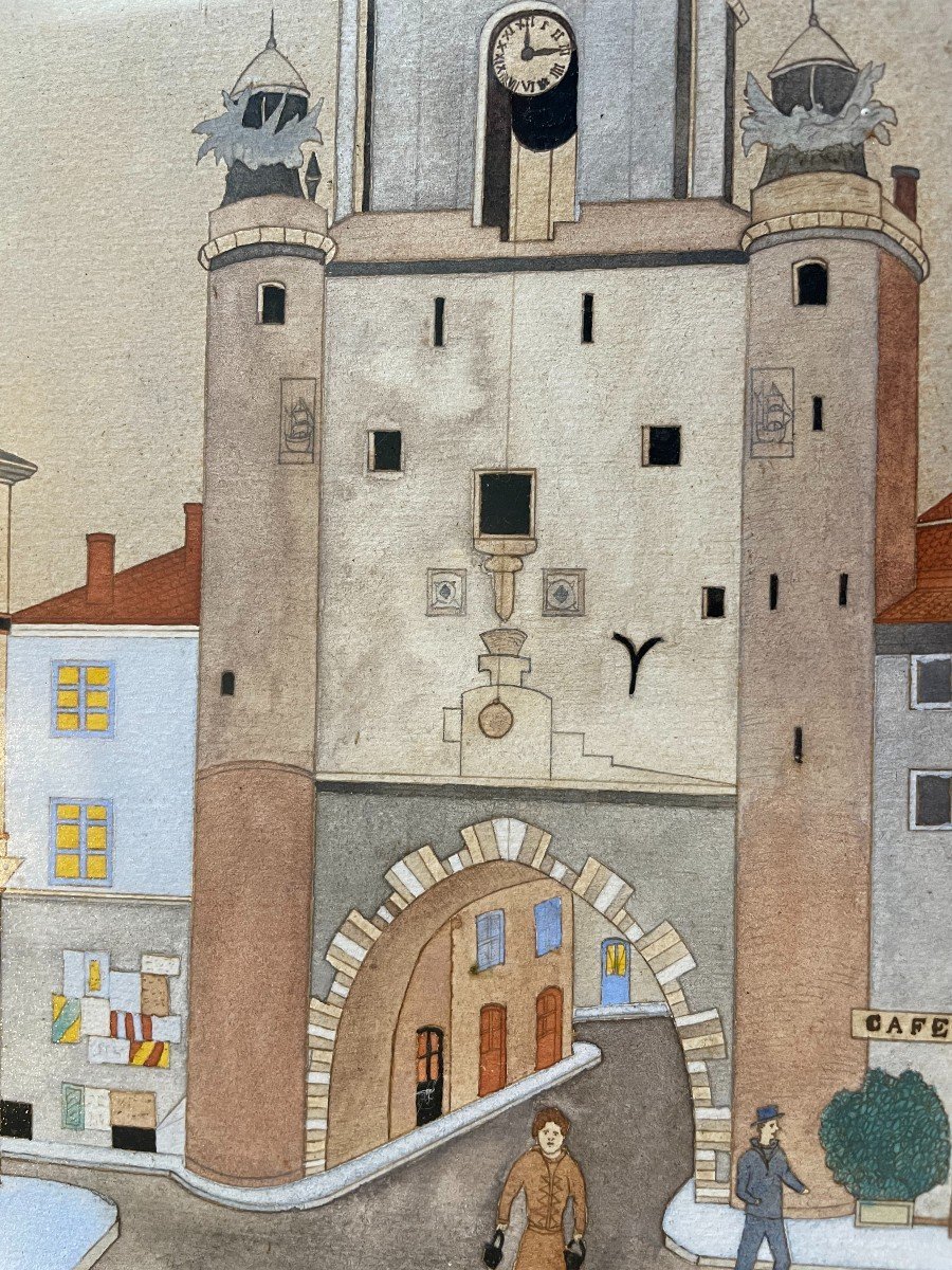 Aquarelle la Grosse Horloge à La Rochelle par Gilbert Pajot XXème-photo-3