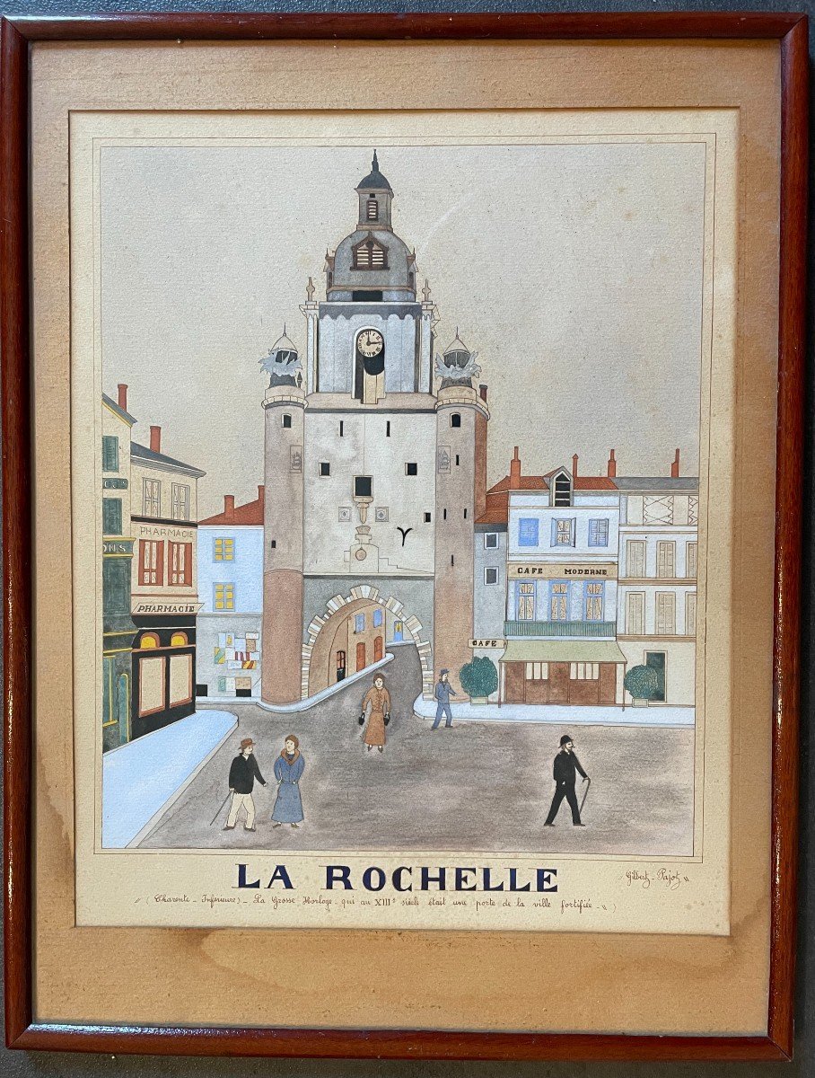 Aquarelle la Grosse Horloge à La Rochelle par Gilbert Pajot XXème