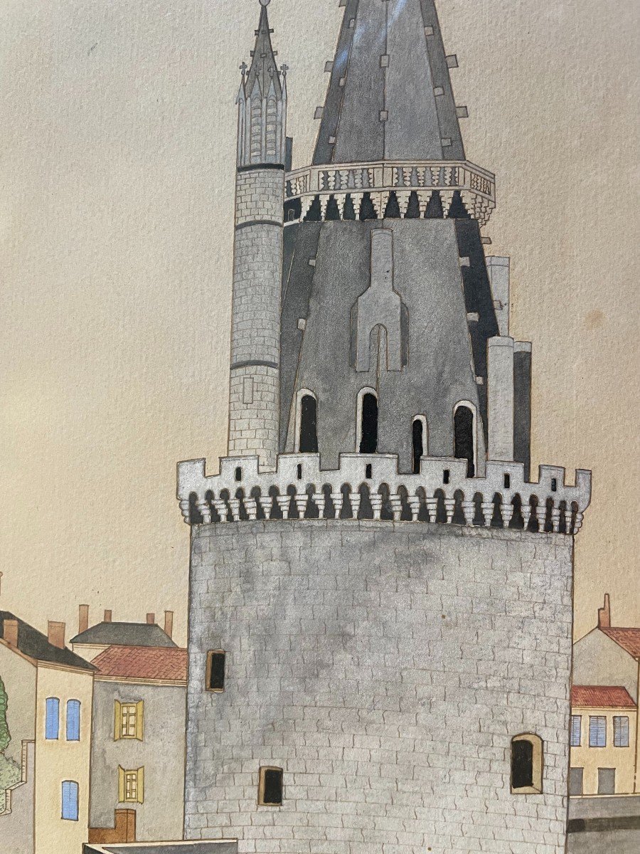 Aquarelle la tour de la Lanterne ou tour des  4 Sergents à La Rochelle par Gilbert Pajot-photo-2