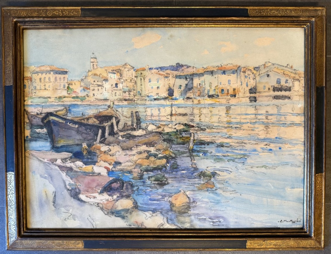 Grande aquarelle le quartier des Brescon à Martigues par Louis Agricol MONTAGNÉ