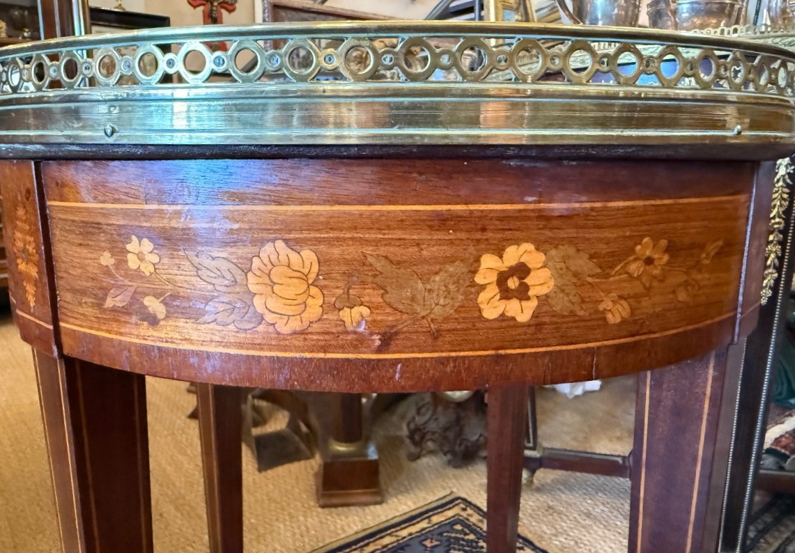 Krieger House: Small Side Table With Marquetry And Marble Top, Louis XVI Style, Napoleon III Period-photo-3