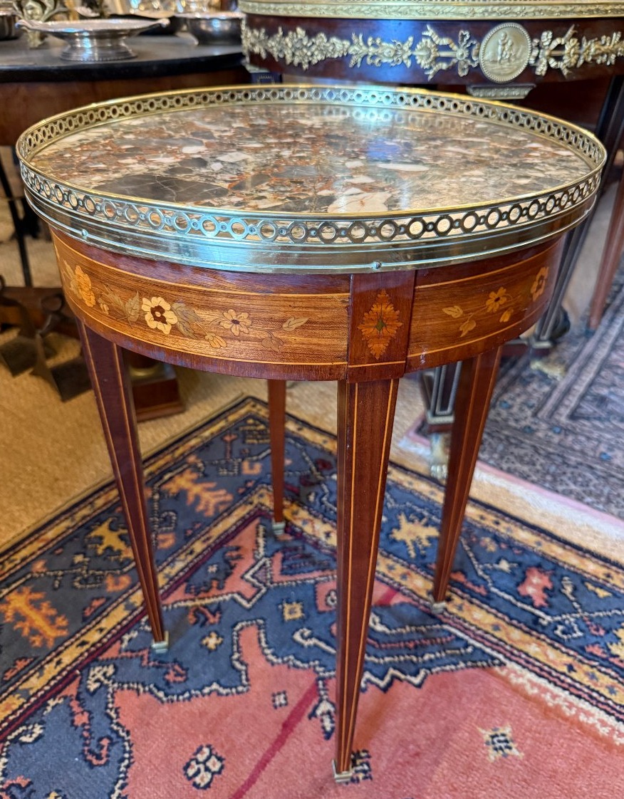 Krieger House: Small Side Table With Marquetry And Marble Top, Louis XVI Style, Napoleon III Period