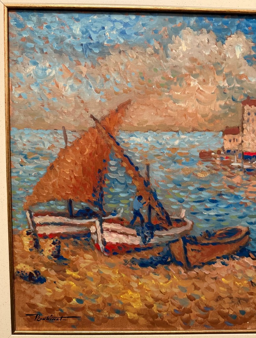 Grand tableau marine pointilliste pêcheurs en Provence par Maxime Roubinet-photo-3