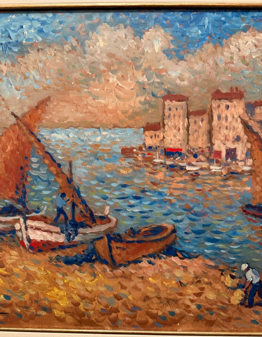 Grand tableau marine pointilliste pêcheurs en Provence par Maxime Roubinet-photo-4