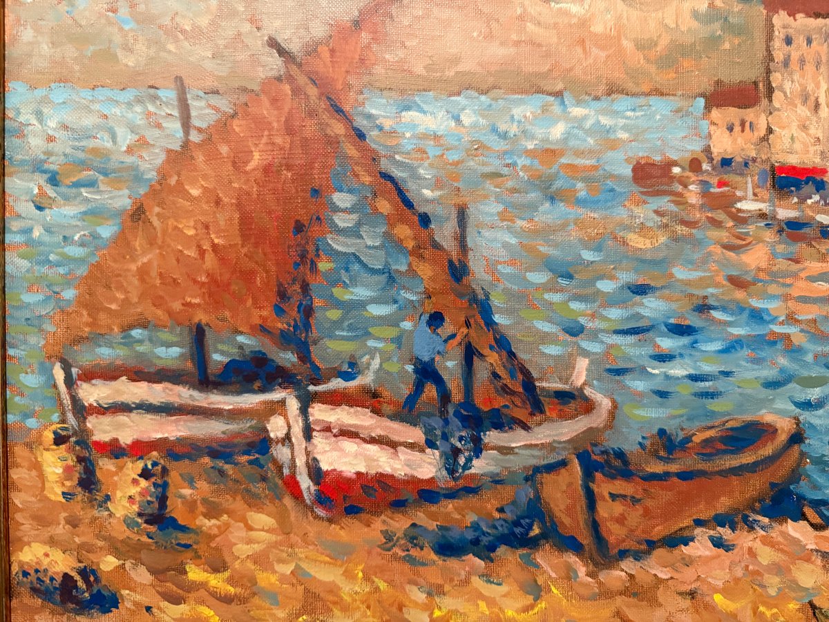 Grand tableau marine pointilliste pêcheurs en Provence par Maxime Roubinet-photo-2