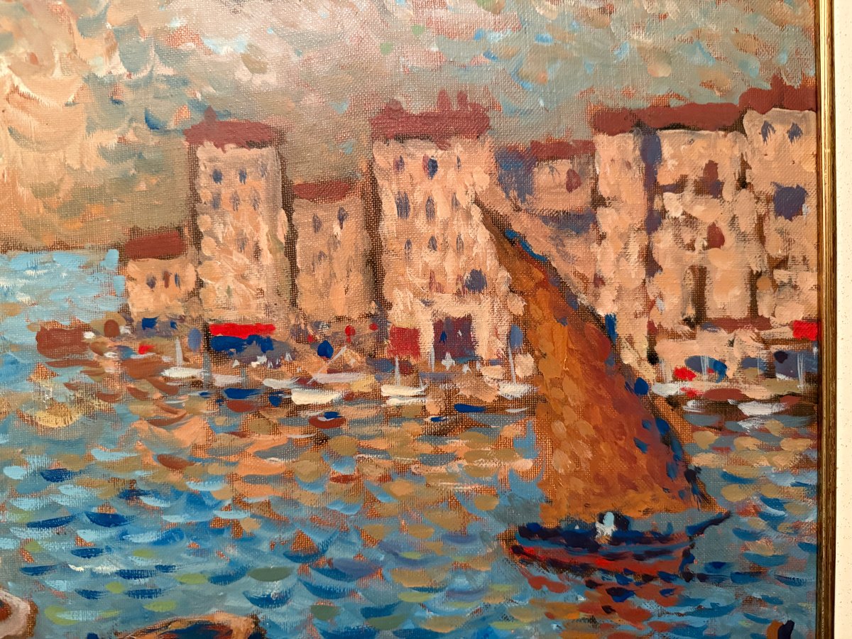 Grand tableau marine pointilliste pêcheurs en Provence par Maxime Roubinet-photo-3