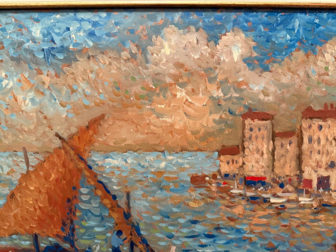 Grand tableau marine pointilliste pêcheurs en Provence par Maxime Roubinet-photo-5