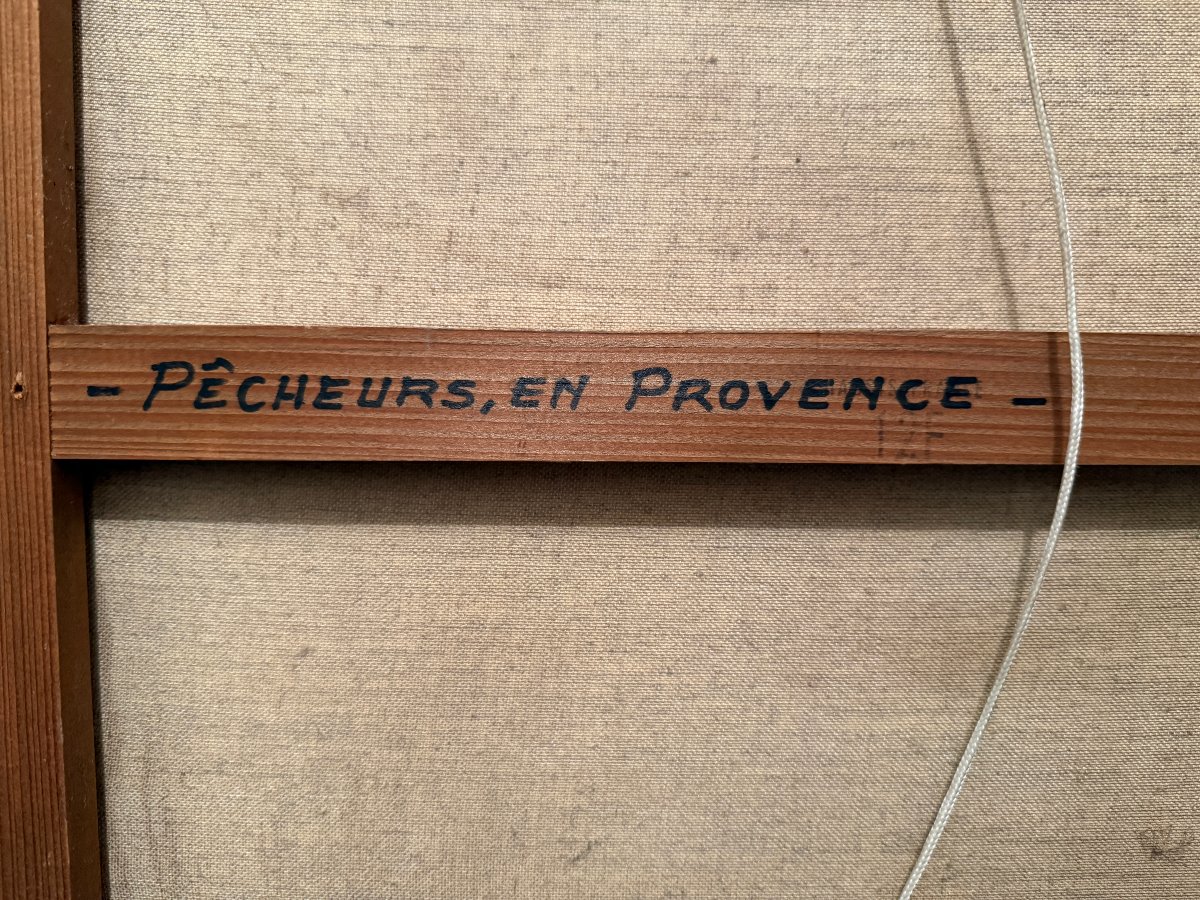 Grand tableau marine pointilliste pêcheurs en Provence par Maxime Roubinet-photo-7