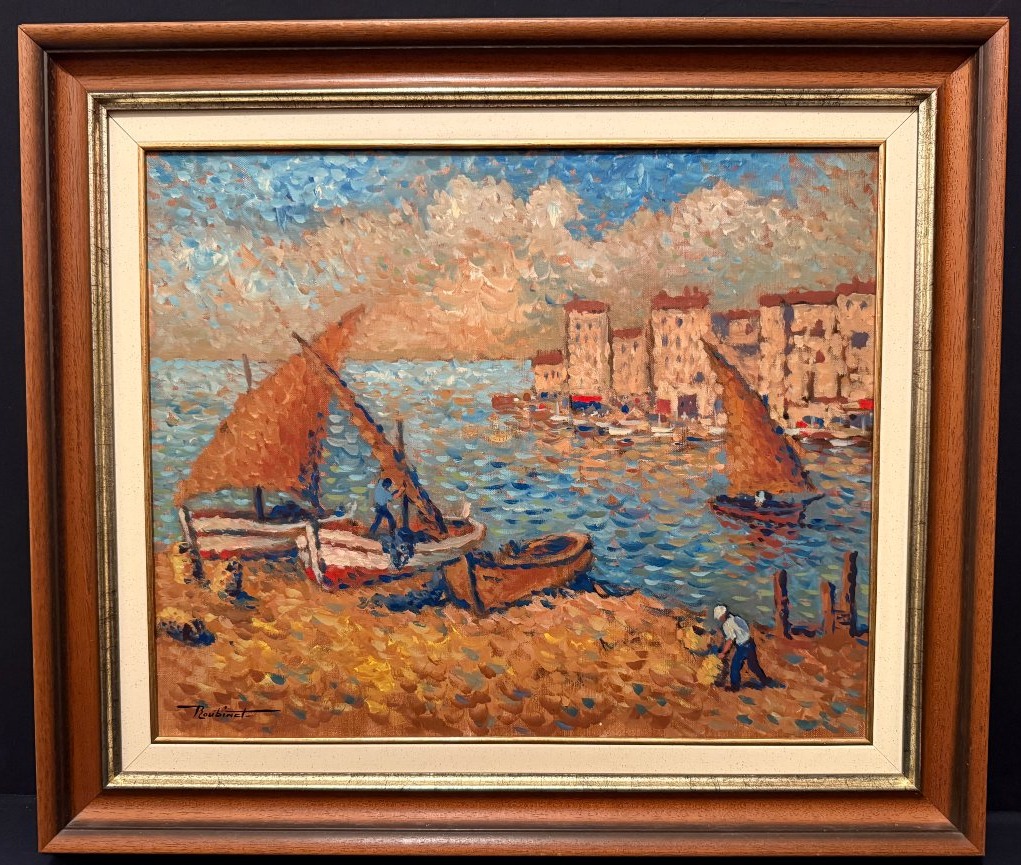 Grand tableau marine pointilliste pêcheurs en Provence par Maxime Roubinet