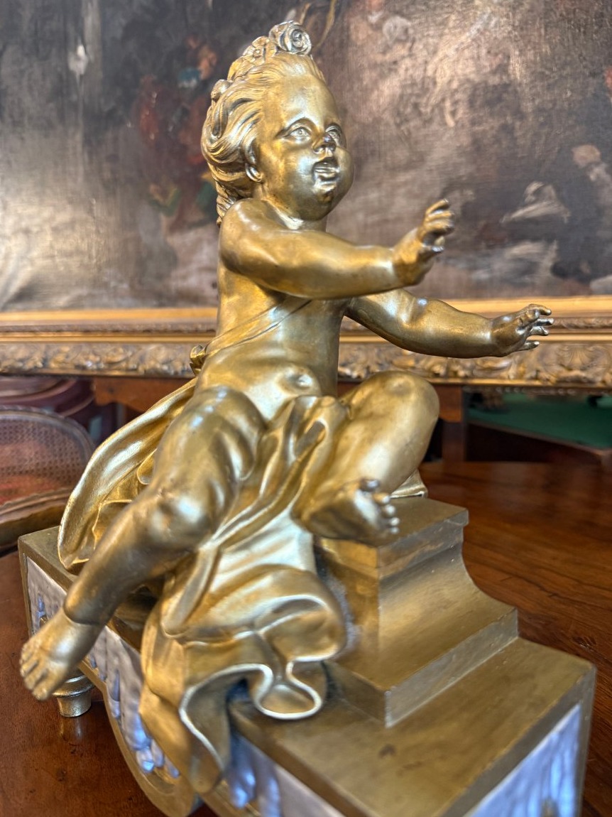 Pair Of Neoclassical Louis XVI Andirons With Putti In Gilded And Silver-plated Bronze, 19th Century-photo-4