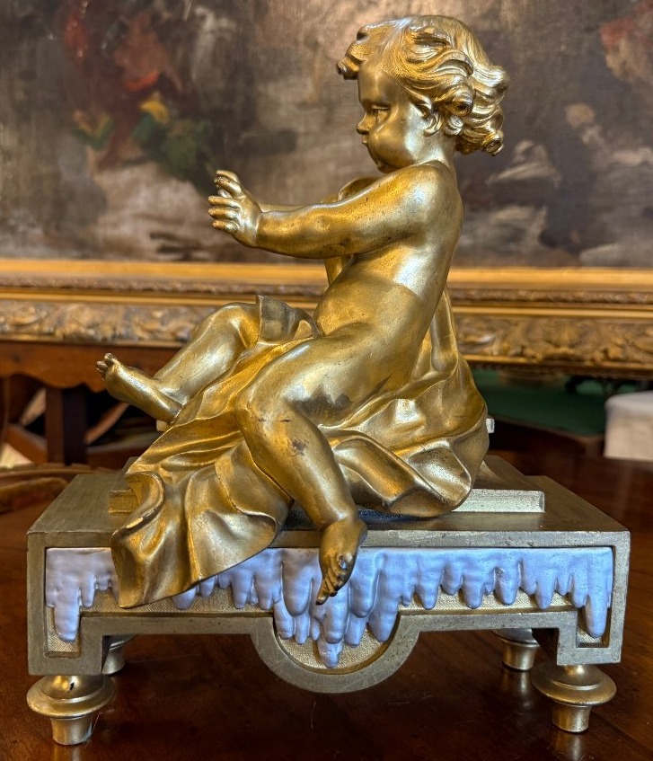 Pair Of Neoclassical Louis XVI Andirons With Putti In Gilded And Silver-plated Bronze, 19th Century-photo-1