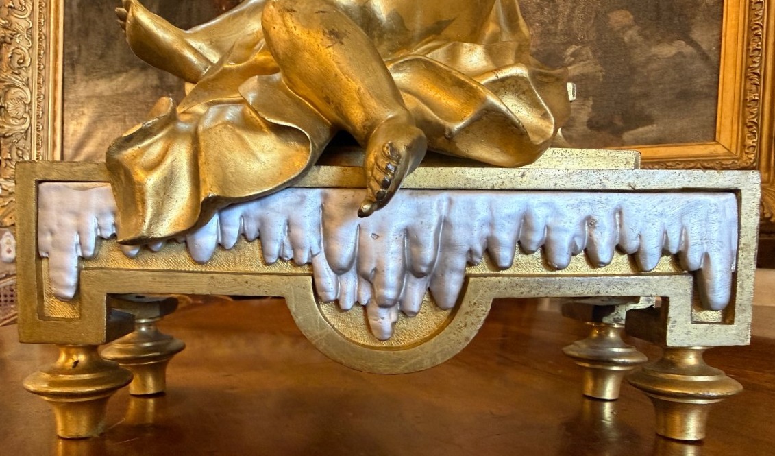 Pair Of Neoclassical Louis XVI Andirons With Putti In Gilded And Silver-plated Bronze, 19th Century-photo-5