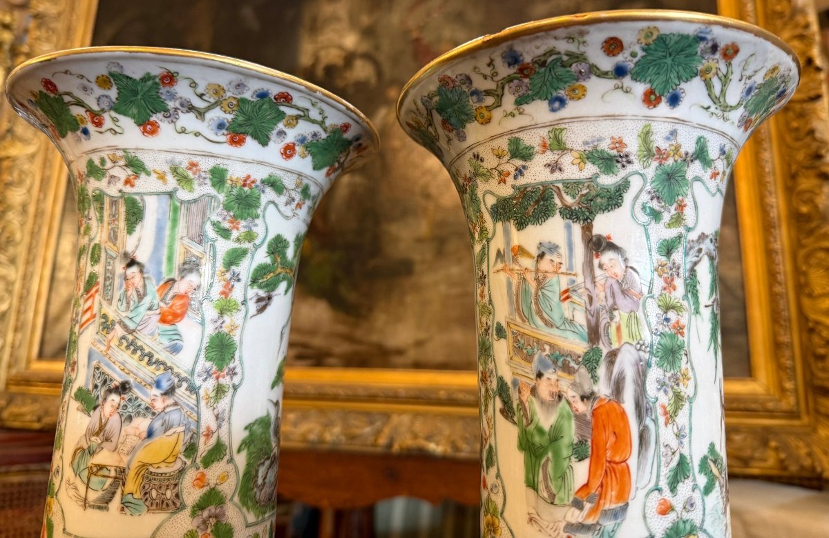 Chine paire de vases cornets en émaux de Canton famille verte fin XIXème-photo-5