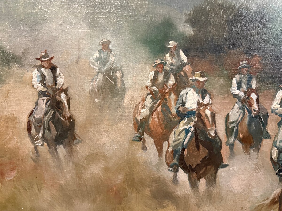 Very Large Painting Of Gaucho Horsemen In The Argentine Pampas By Karol Kossak, 140 X 80 Cm-photo-4