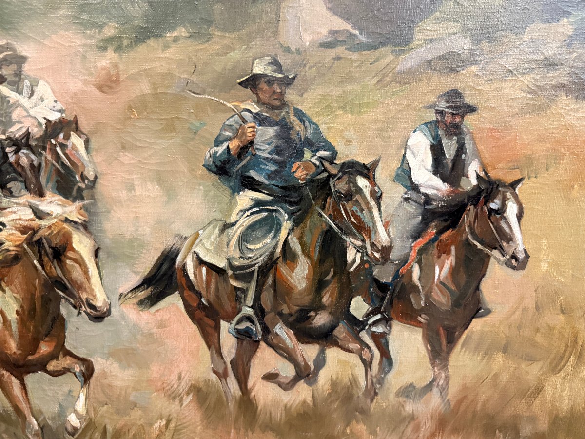 Very Large Painting Of Gaucho Horsemen In The Argentine Pampas By Karol Kossak, 140 X 80 Cm-photo-6