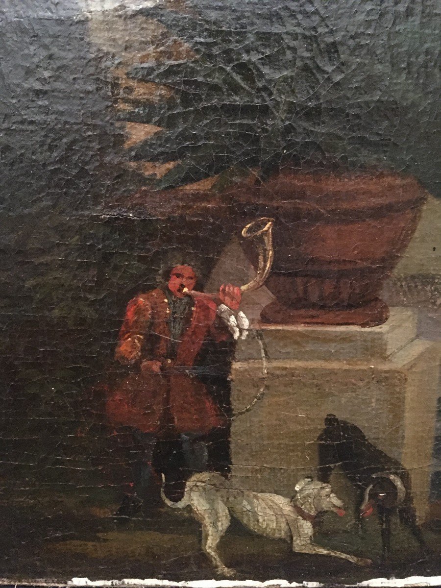 École française du XVIIIème siècle scène animée dans un parc préparatifs pour la chasse. -photo-5